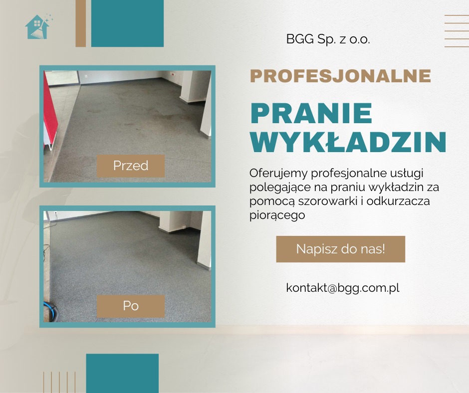 Porównanie wykładziny biurowej przed i po profesjonalnym praniu, prezentujące efekt czyszczenia i odświeżenia koloru.
