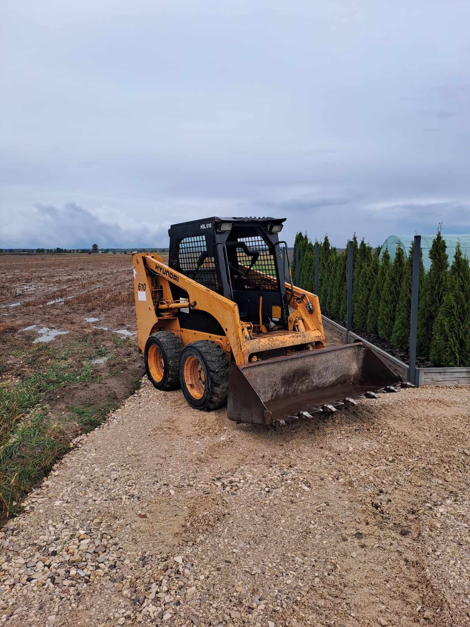 Żółta ładowarka Hyundai 610 na żwirowej drodze, w tle pole i rząd tuj, pochmurne niebo.