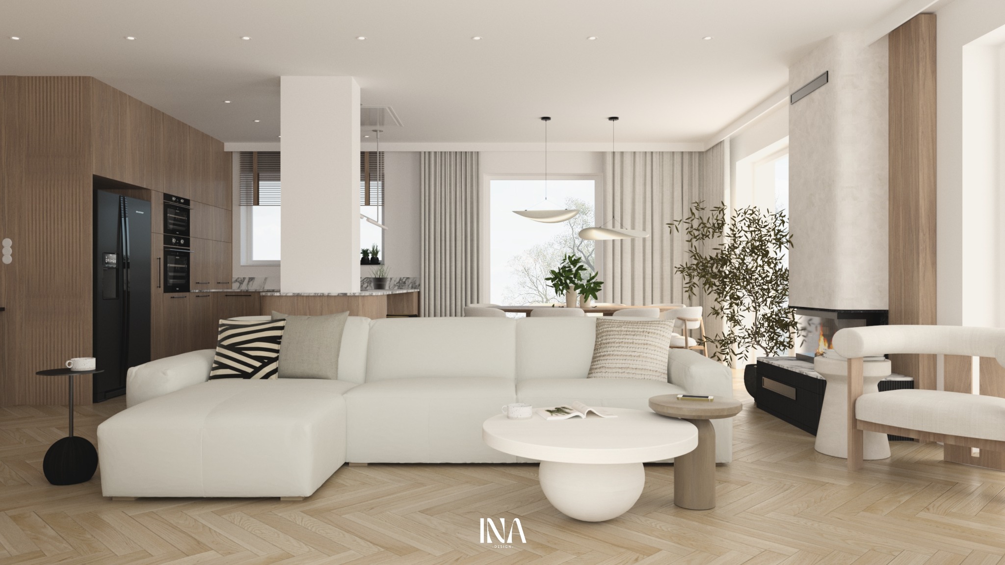 Jasne, przestronne wnętrze z białym narożnikiem, drewnianą podłogą w jodełkę i kominkiem. Widoczna kuchnia w tle. Minimalistyczny design z roślinami i naturalnym światłem.