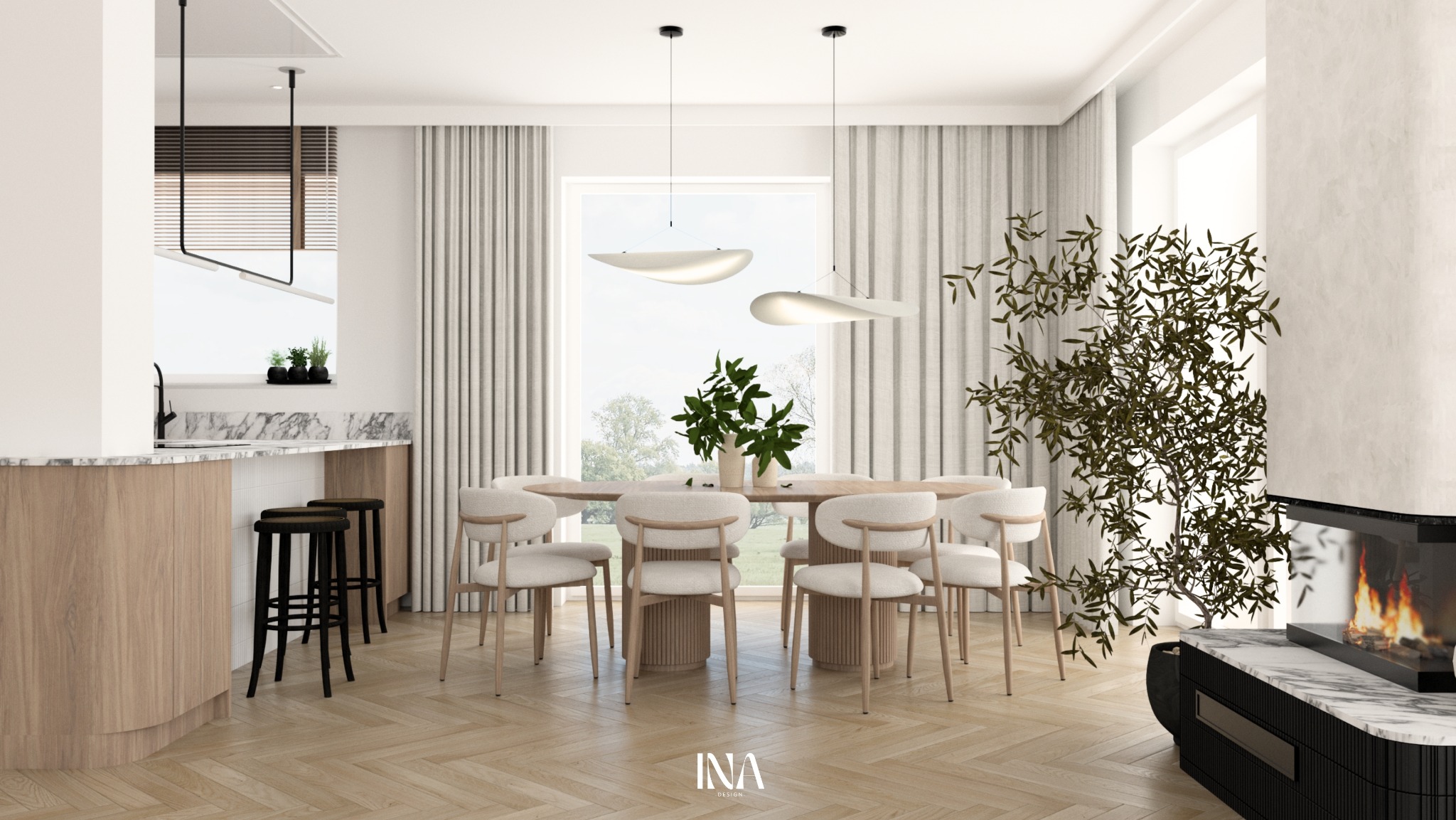 Jasna jadalnia z owalnym stołem i krzesłami w stylu skandynawskim, parkiet w jodełkę, minimalistyczne lampy wiszące i kominek. Roślina w rogu dodaje naturalnego akcentu.