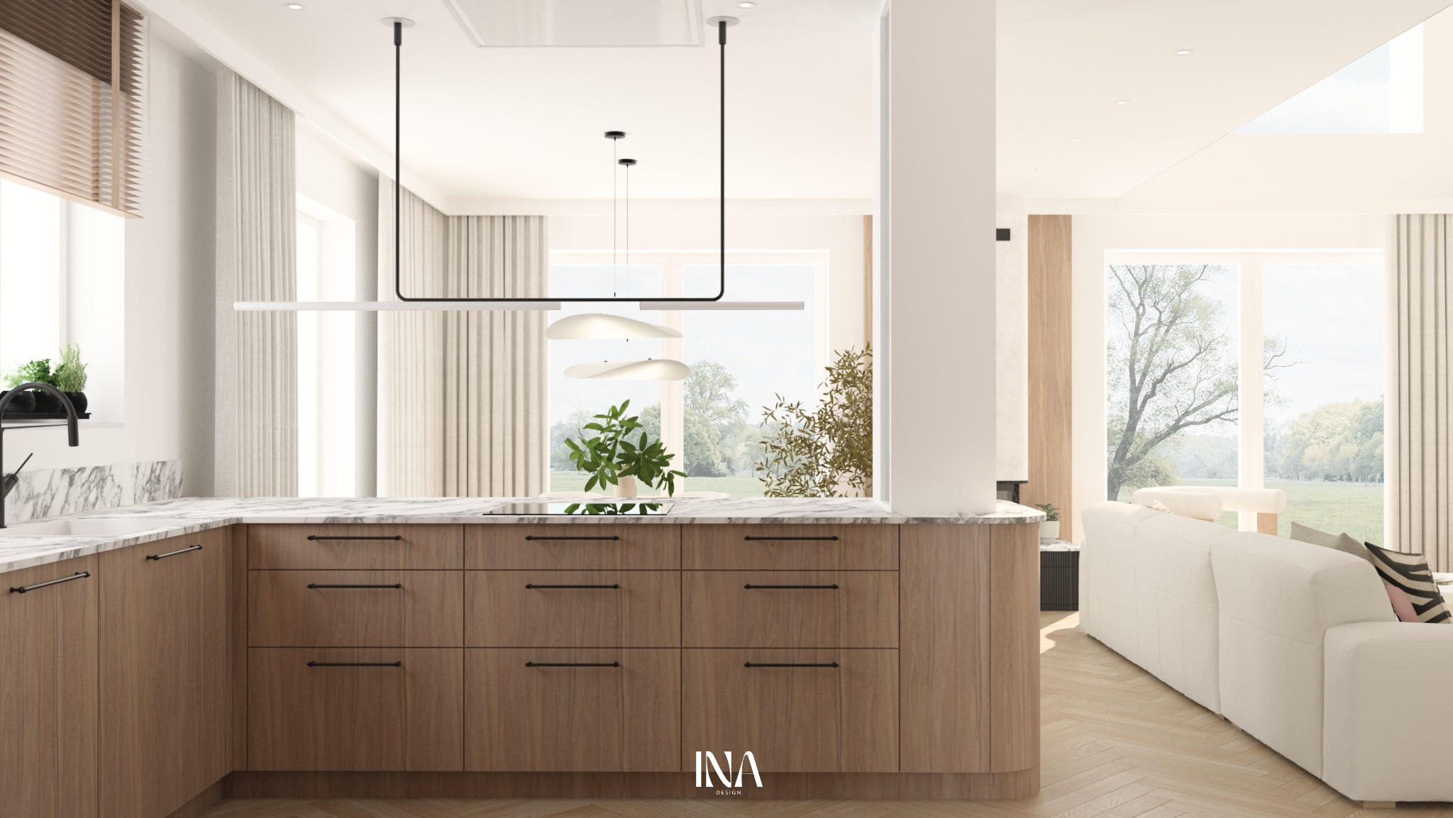 Nowoczesna kuchnia z drewnianymi frontami, marmurowym blatem i minimalistycznym oświetleniem. Widok na salon z białym narożnikiem i dużym oknem.