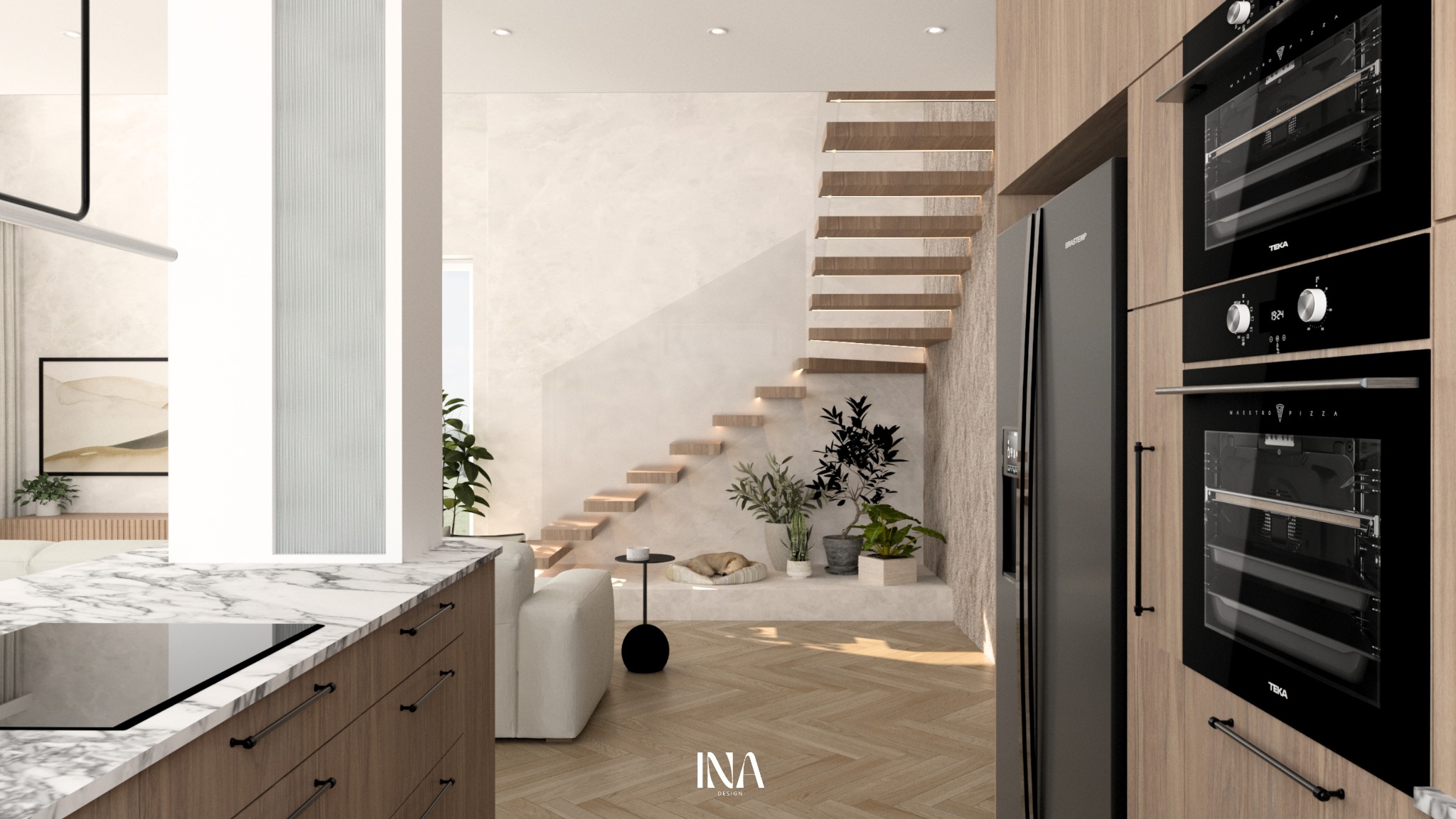 Nowoczesne wnętrze domu z drewnianymi schodami, marmurowym blatem kuchennym i wbudowanymi piekarnikami Teka. W tle śpiący pies na legowisku.