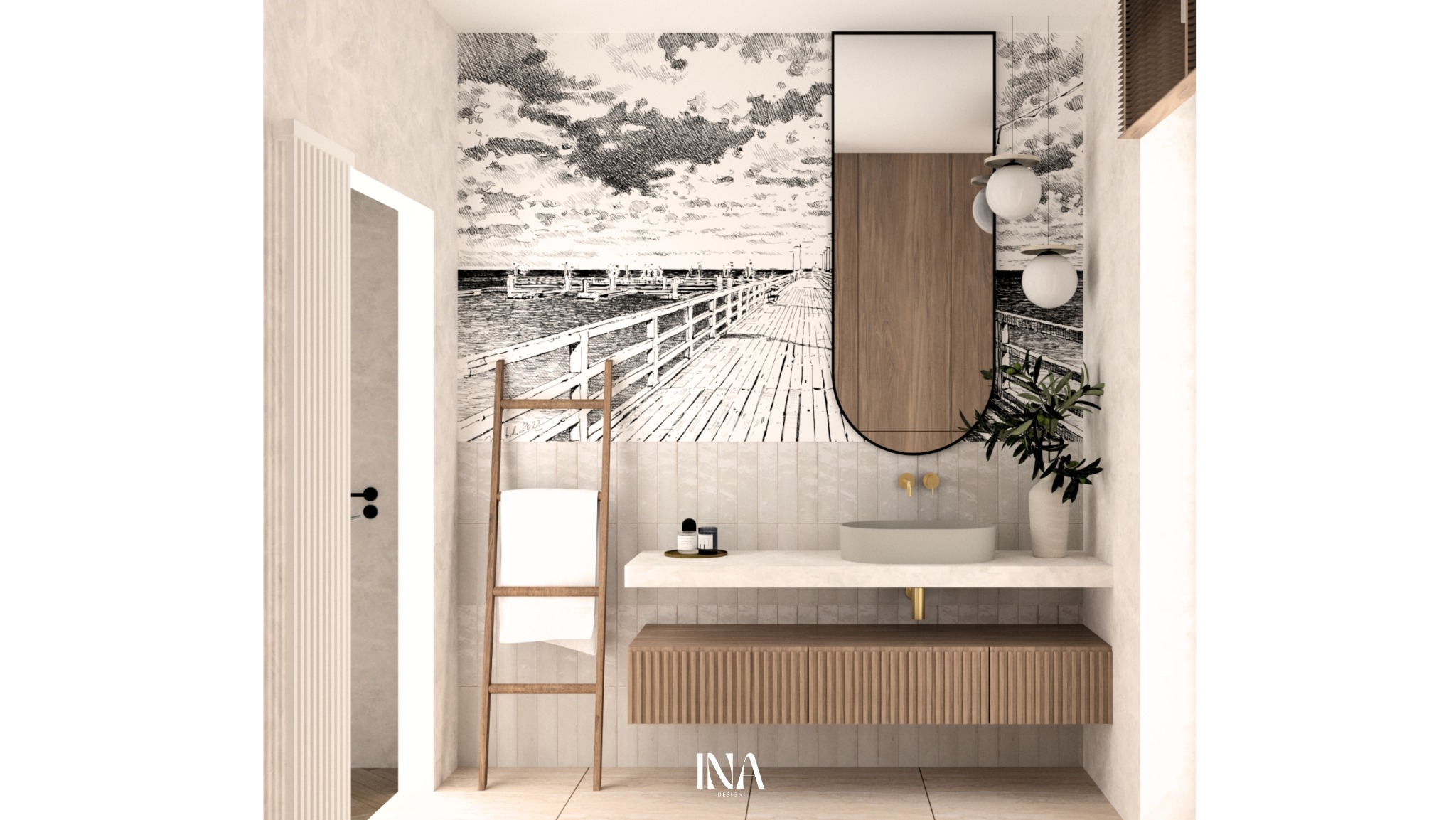 Wizualizacja łazienki w beżach z akcentem drewna: umywalka nablatowa, drabina na ręczniki, lustro z drewnianą obudową i fototapeta z motywem morskiego molo.