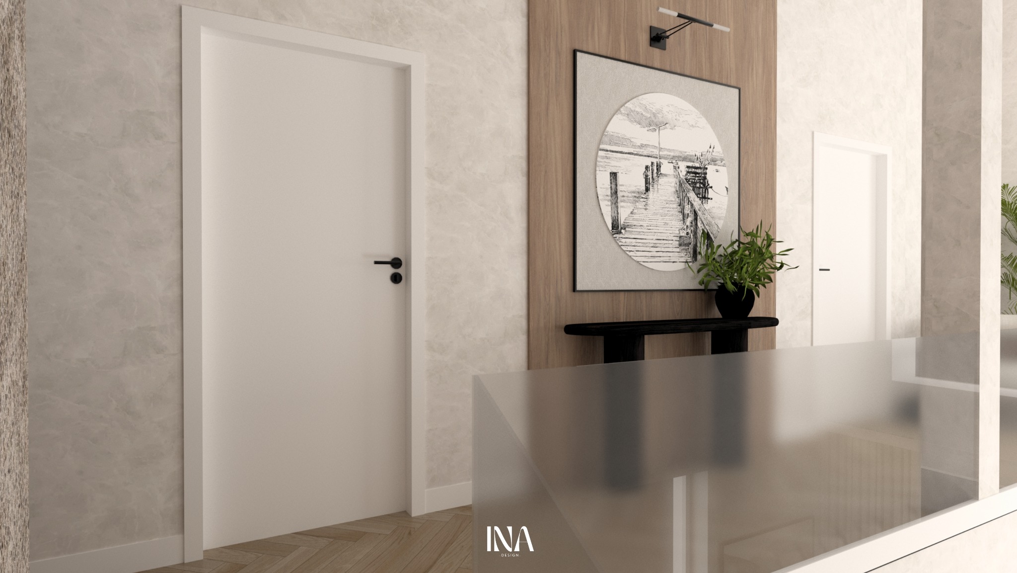 Nowoczesne wnętrze z białą ścianą, drzwiami i drewnianym panelem z grafiką mola. Minimalistyczna konsola z rośliną. Szklana balustrada. Parkiet w jodełkę.