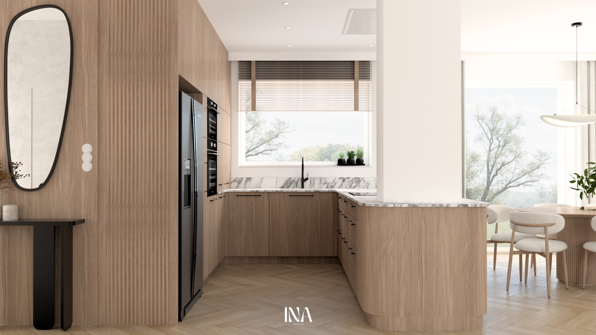 Nowoczesna kuchnia z drewnianymi frontami, marmurowym blatem i parkietem w jodełkę. Minimalistyczny design z dużym oknem i widokiem na zieleń.