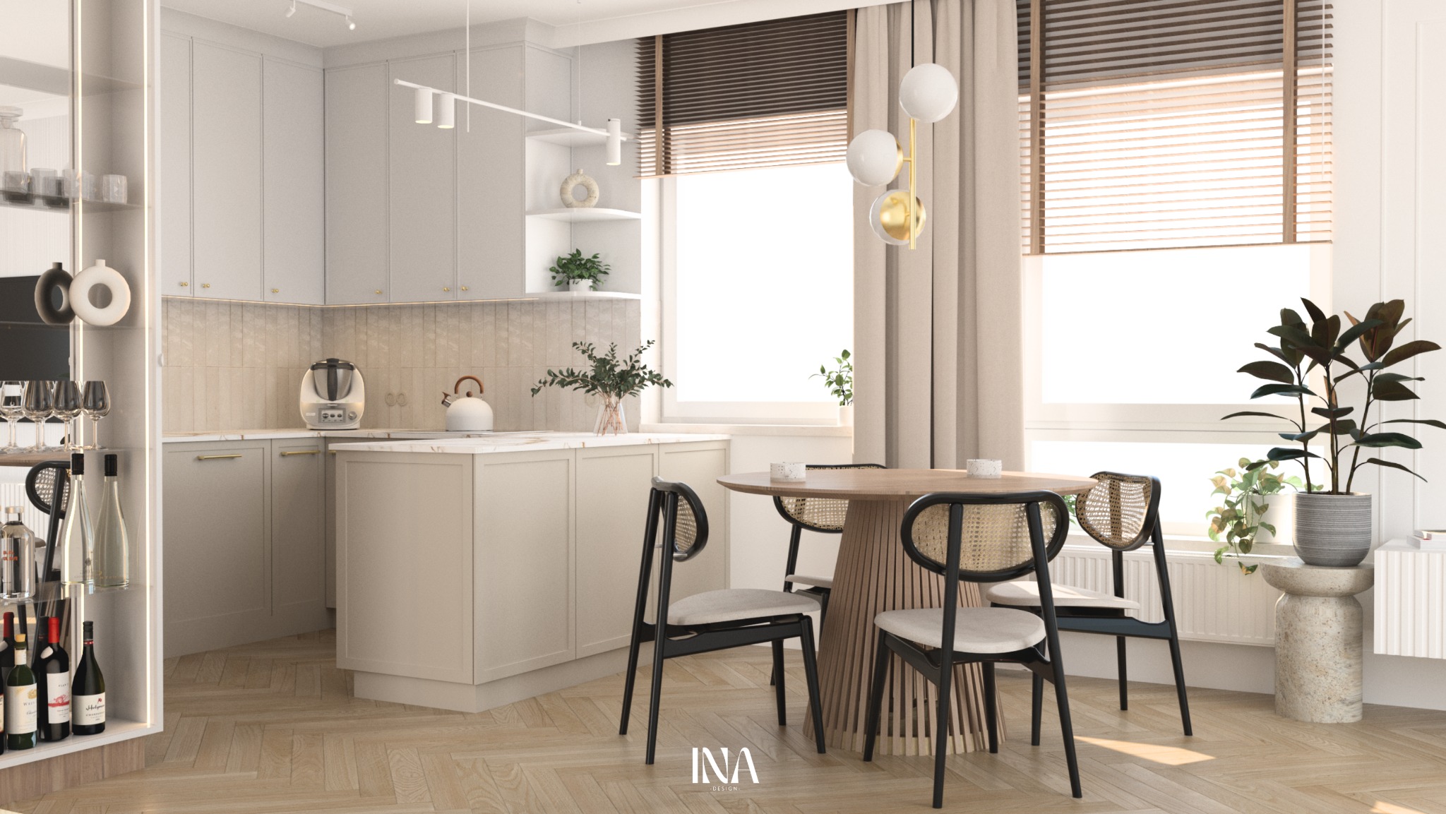 Jasna kuchnia z wyspą i okrągłym stołem z krzesłami w stylu retro. Na blacie sprzęt AGD i dekoracje. Parkiet w jodełkę. Duże okno z żaluzjami i zasłonami.