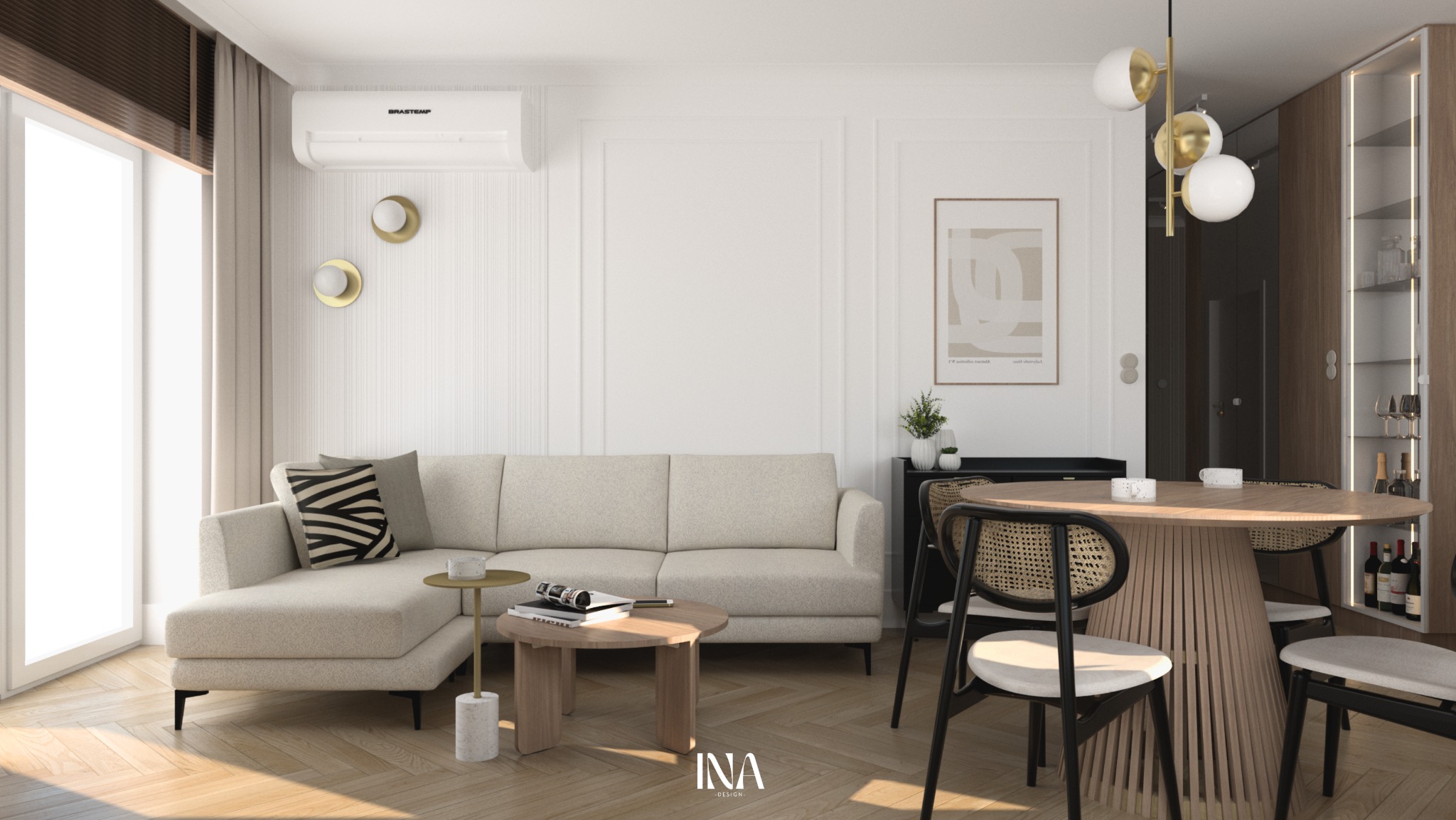 Jasne wnętrze salonu z narożną sofą, okrągłym stołem i parkietem w jodełkę. Minimalistyczny design z akcentami złota i beżu. Widoczny klimatyzator na ścianie.