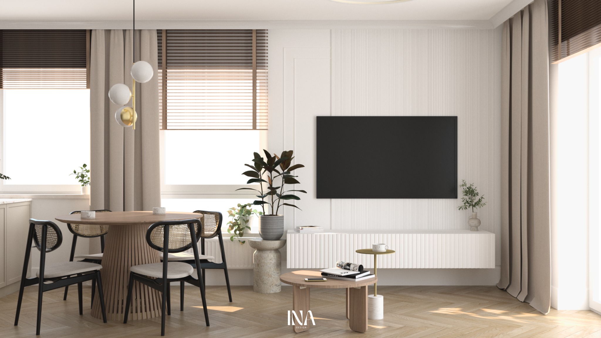 Jasne wnętrze z drewnianym parkietem w jodełkę. Okrągły stół z krzesłami, telewizor na ścianie, rolety i zasłony w oknach. Minimalistyczny design z roślinami.