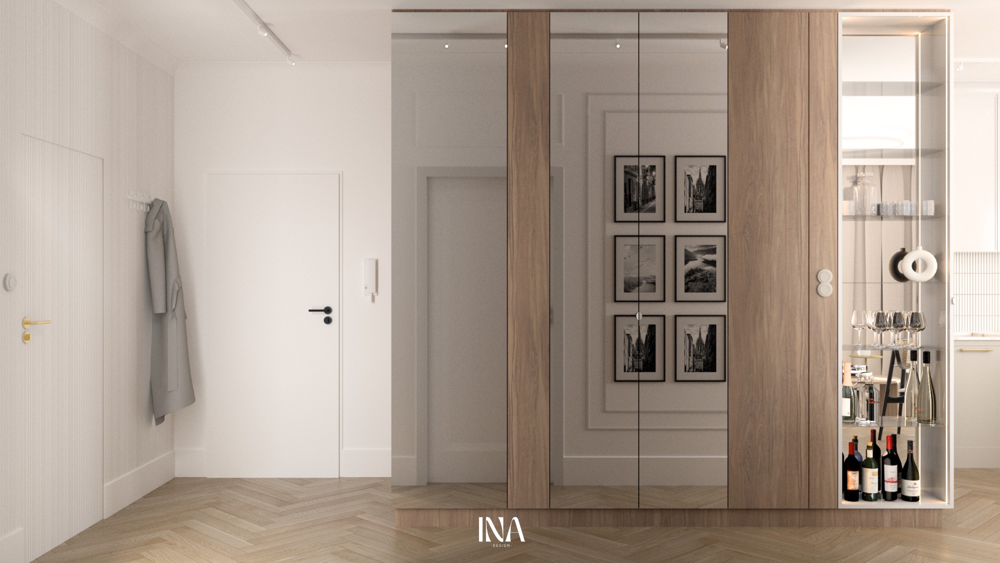 Nowoczesny przedpokój z lustrzaną szafą i barkiem. Parkiet w jodełkę, minimalistyczne drzwi, płaszcz na wieszaku. Szafa z oświetleniem LED i kolekcją win.