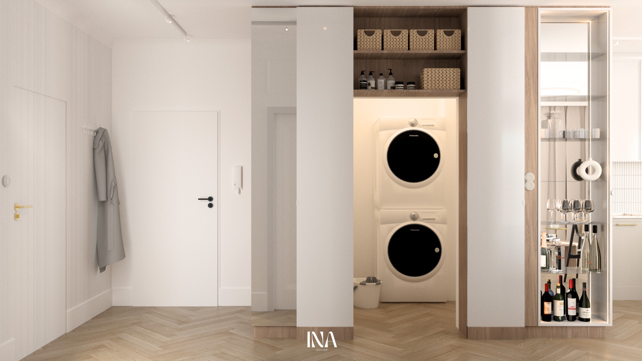 Nowoczesna aranżacja wnętrza z pralką i suszarką w zabudowie, kosze wiklinowe na półkach, parkiet w jodełkę i przeszklona witryna z alkoholem. Minimalistyczny design.