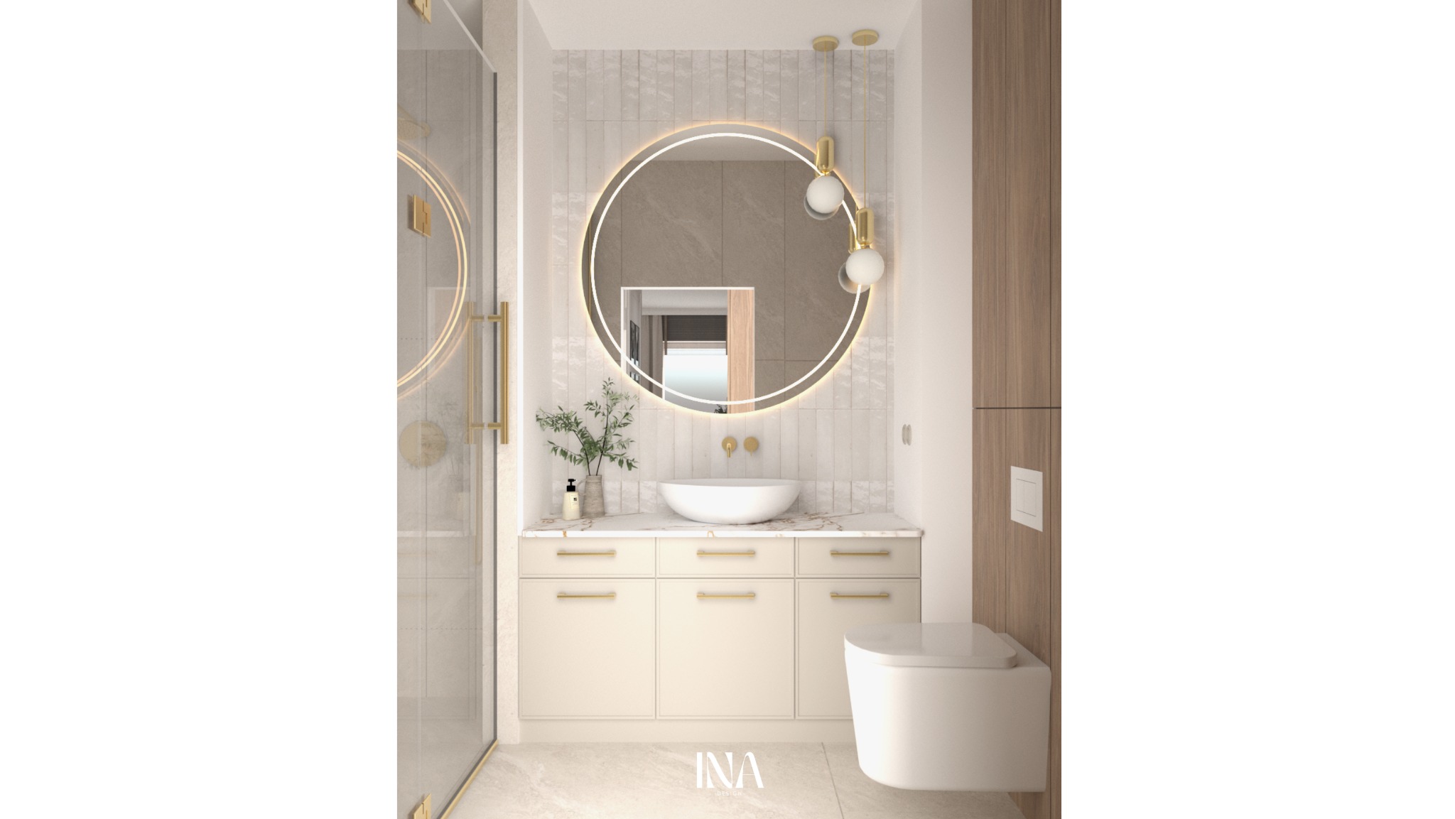 Elegancka łazienka w jasnych barwach z okrągłym lustrem podświetlanym LED, wiszącą toaletą i szklaną kabiną prysznicową. Minimalistyczny design z elementami złota.