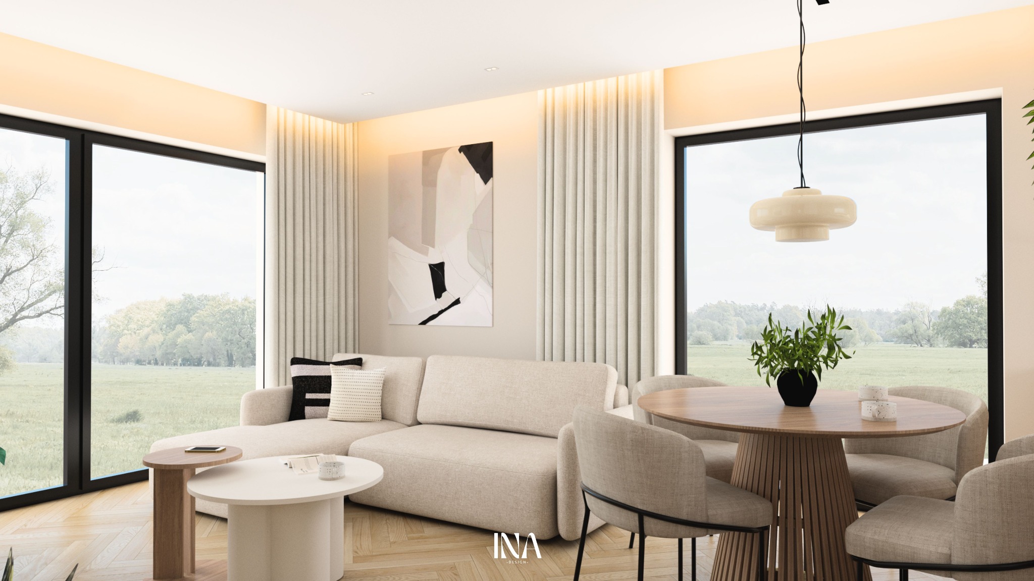 Jasny salon z narożnikiem, okrągłym stołem i dużymi oknami z widokiem na zieleń. Minimalistyczny design z akcentami drewna i abstrakcyjnym obrazem na ścianie.