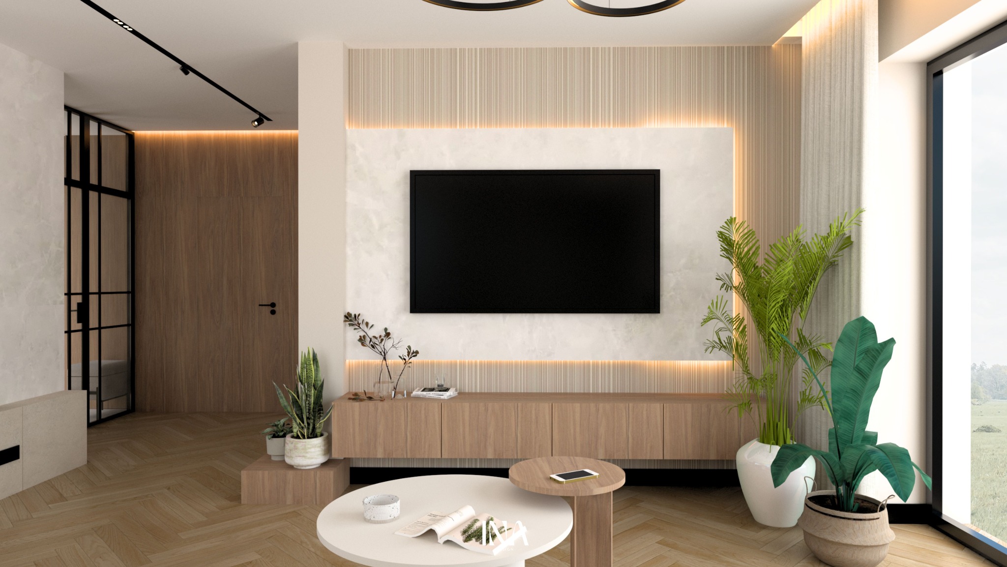 Nowoczesny salon z telewizorem na ścianie, drewnianą podłogą w jodełkę i roślinami doniczkowymi. Oświetlenie LED podkreśla detale. Minimalistyczny stolik kawowy.