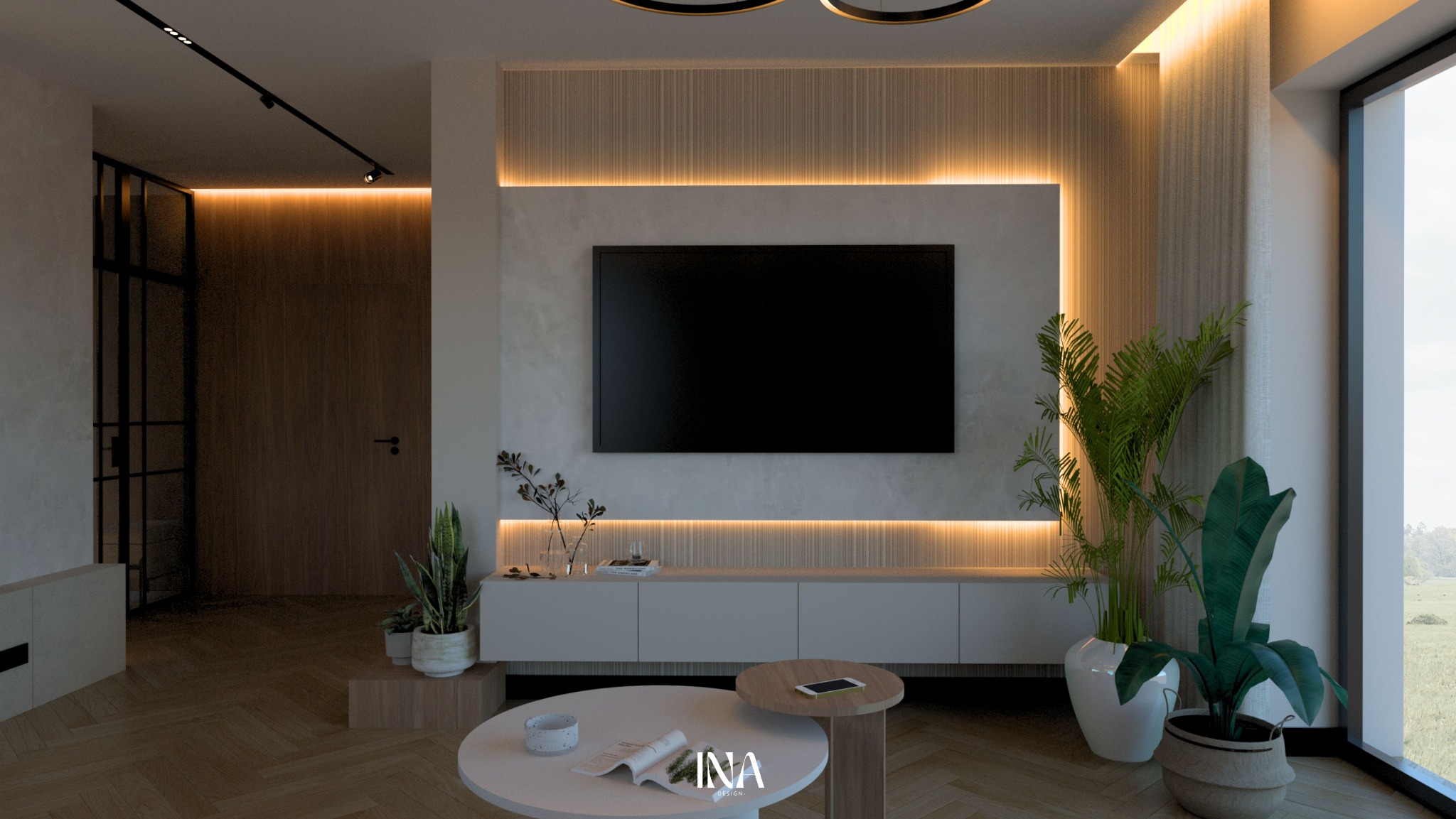 Nowoczesny salon z telewizorem na ścianie, podświetlanymi panelami i roślinami doniczkowymi. Parkiet w jodełkę, stoliki kawowe i duże okno z widokiem na zieleń.