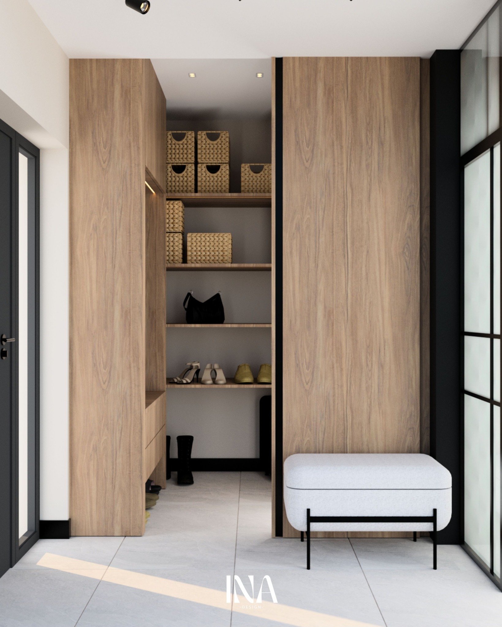 Nowoczesna garderoba z drewnianymi frontami, półkami na akcesoria i siedziskiem. Minimalistyczny design, jasne wnętrze, eleganckie wykończenie.