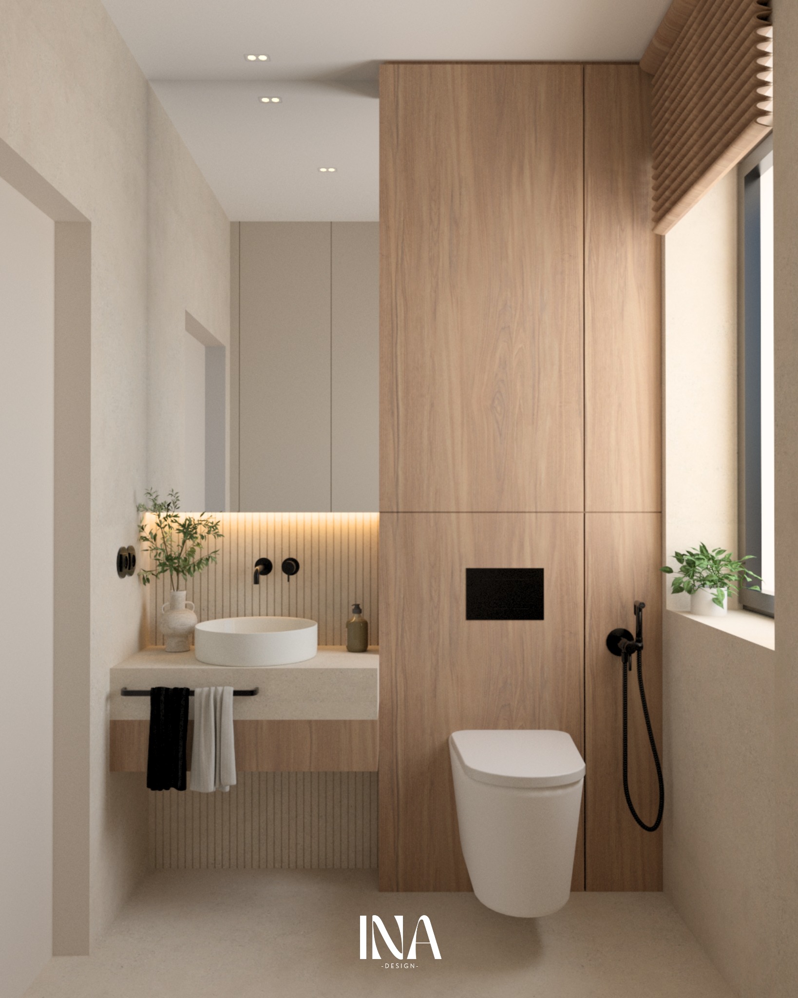 Minimalistyczna łazienka z drewnianą zabudową, okrągłą umywalką i wiszącą toaletą. Uwagę zwraca oświetlenie LED za lustrem i roślina w oknie.