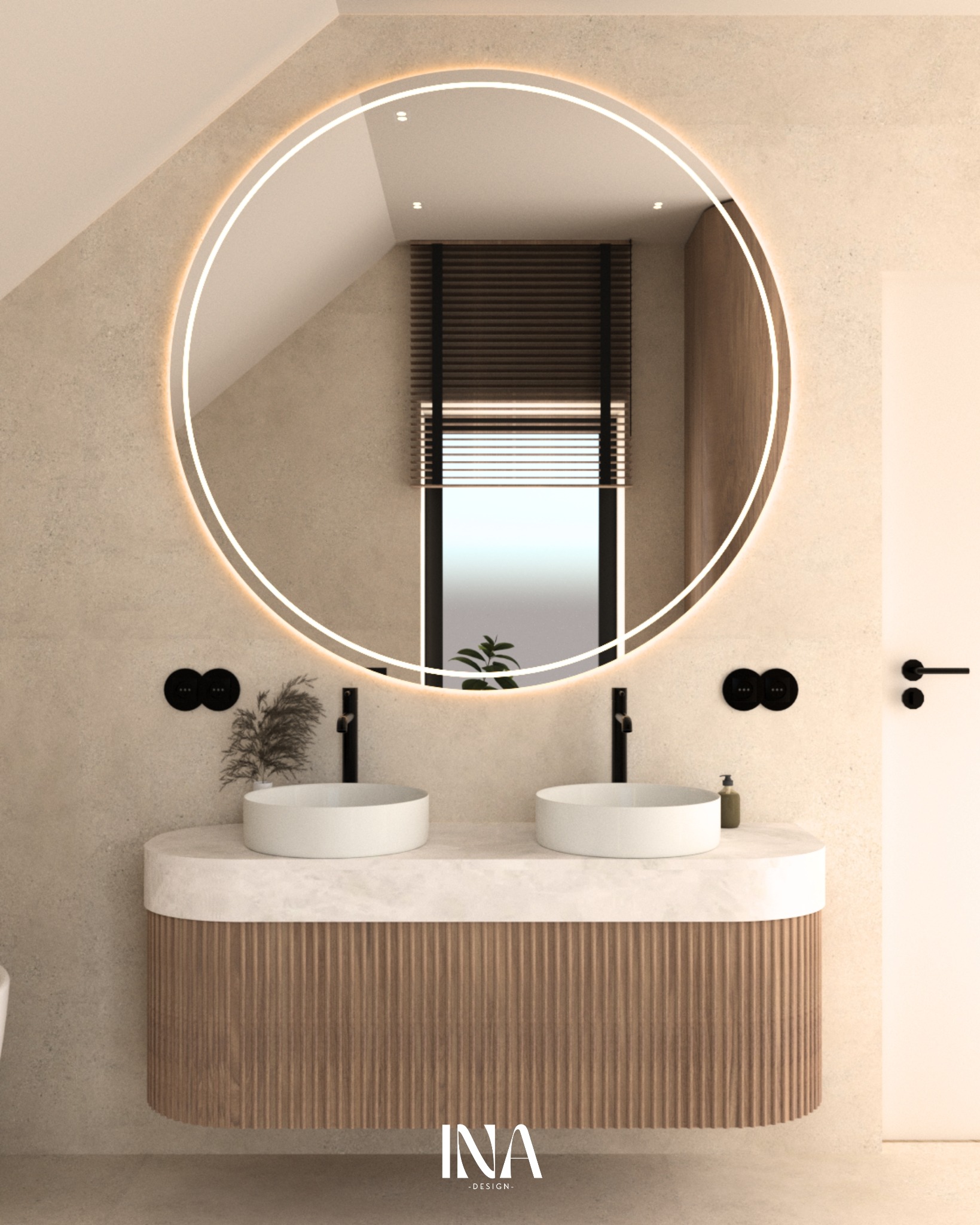 Nowoczesna łazienka z okrągłym lustrem LED, dwiema umywalkami nablatowymi i szafką z lamelami. Minimalistyczny design, beżowa kolorystyka, rolety w oknie.