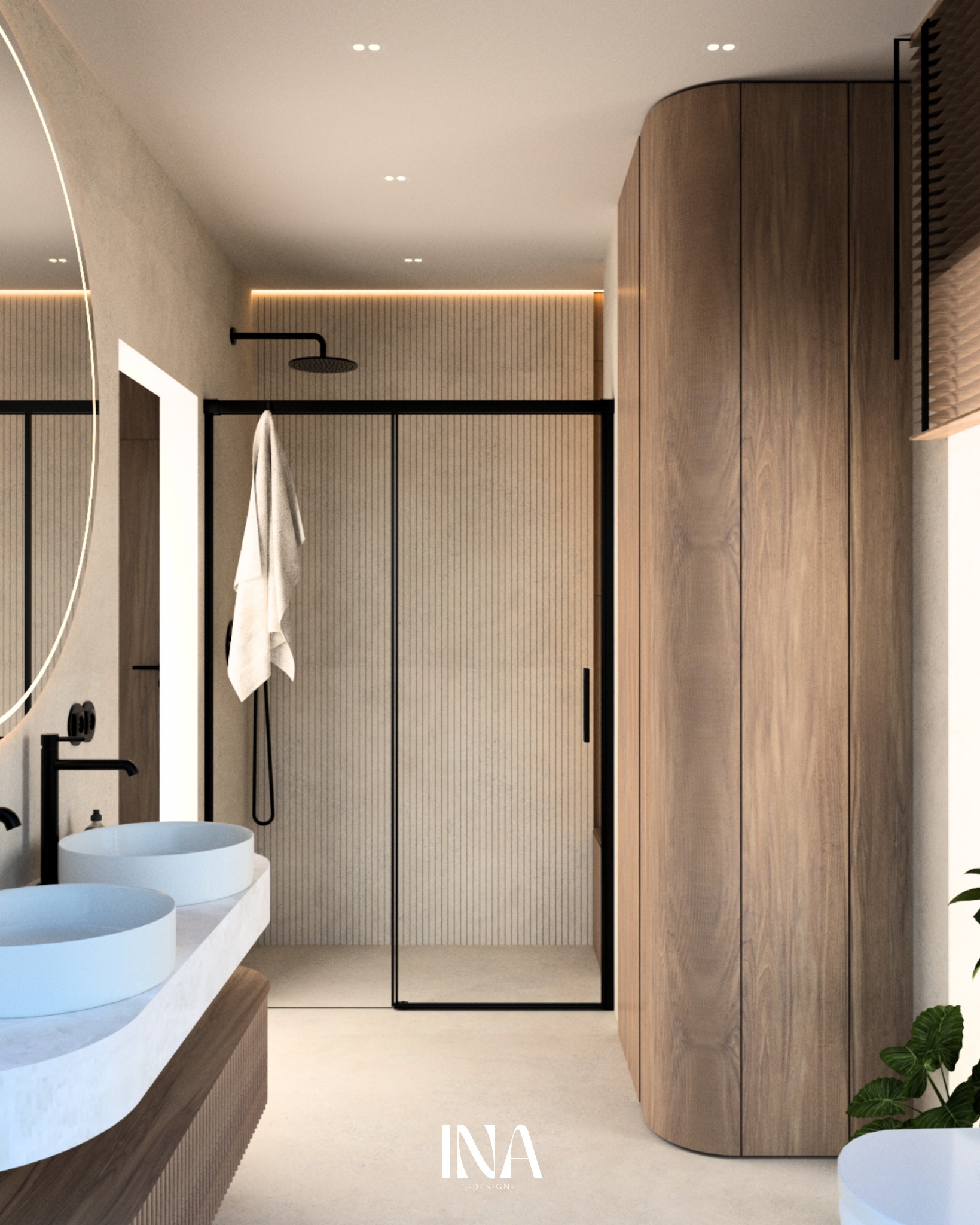 Nowoczesna łazienka z dwoma umywalkami na blacie z efektem marmuru, kabiną prysznicową w czarnej ramie i drewnianą zabudową. Minimalistyczny design z oświetleniem LED.