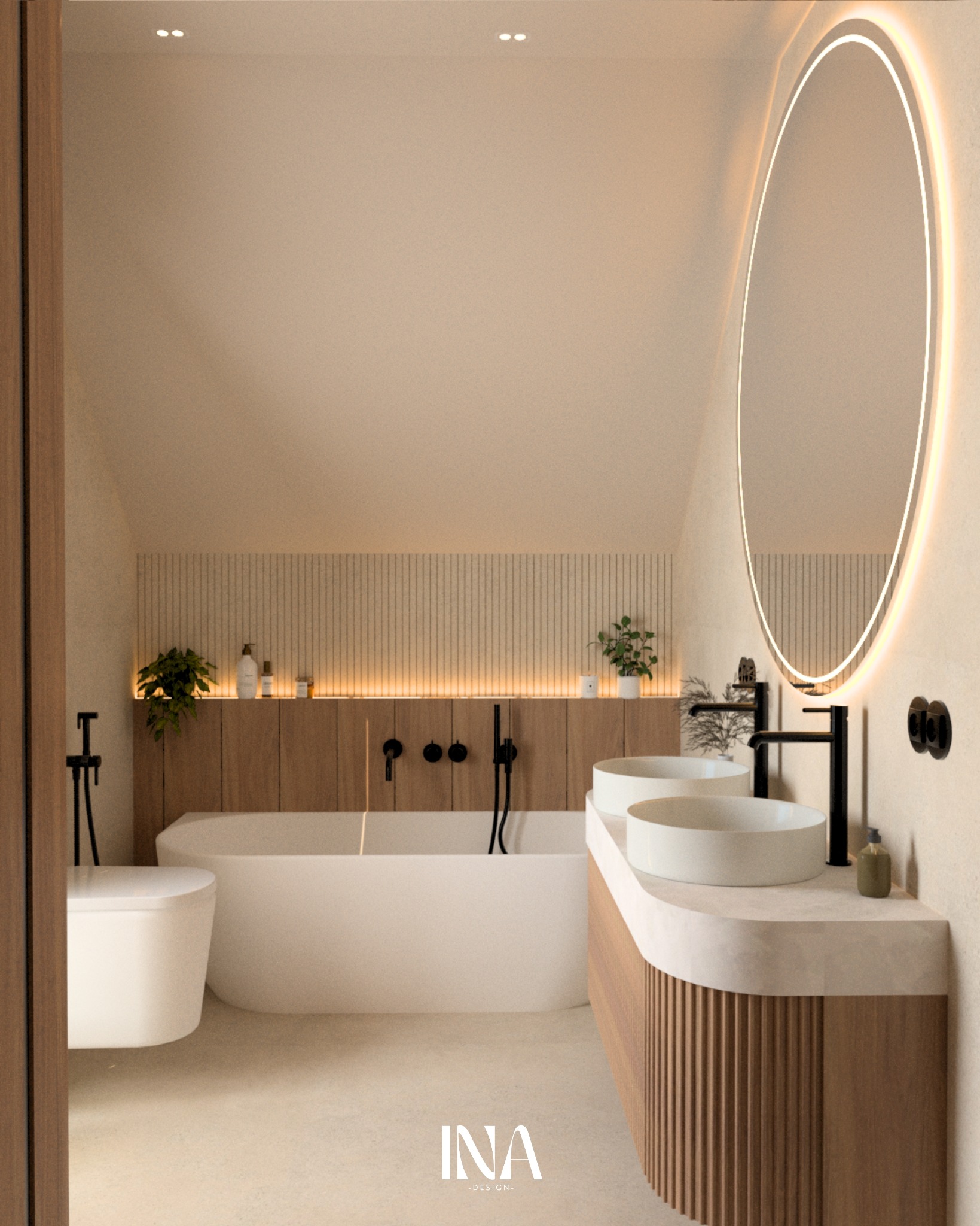 Nowoczesna łazienka na poddaszu z owalnym lustrem z podświetleniem LED, drewnianymi akcentami i minimalistyczną armaturą w czarnym macie. Uwagę zwraca oświetlenie za wanną.