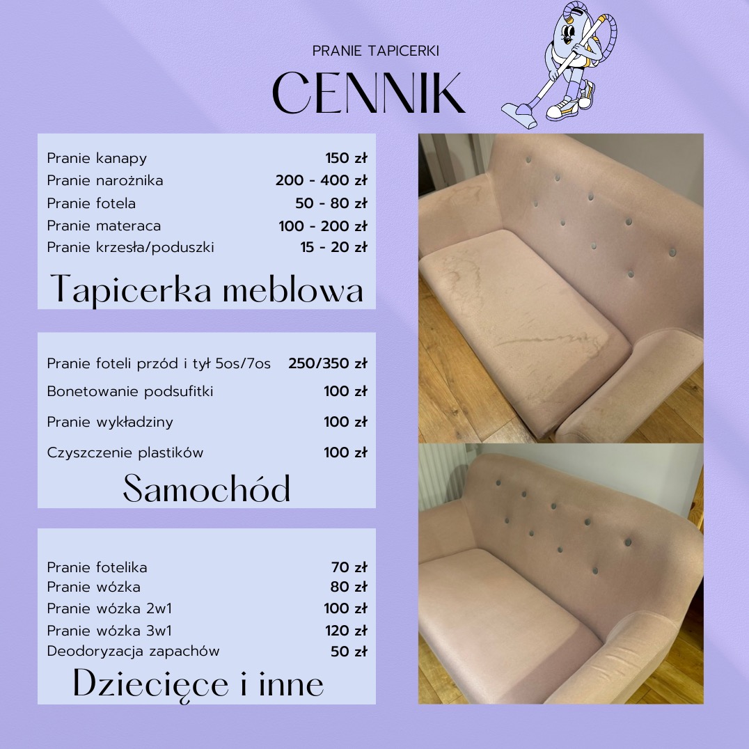 Cennik usług prania tapicerki meblowej, z widoczną kanapą przed i po czyszczeniu, ukazującą różnicę w wyglądzie.