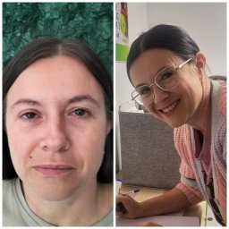 KLUB ZDROWEGO STYLU ŻYCIA MAGDALENA LESZCZYŃSKA - Zdjęcie 'przed i po' kobiety, prezentujące efekt zmiany wyglądu. Po lewej surowy portret, po prawej uśmiechnięta kobieta w okularach, z makijażem, w trakcie pracy.