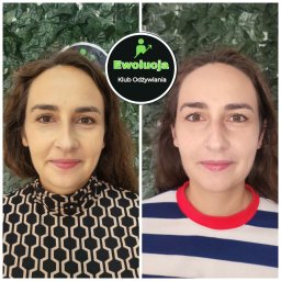 KLUB ZDROWEGO STYLU ŻYCIA MAGDALENA LESZCZYŃSKA - Efekt metamorfozy kobiety z Warszawy: zdjęcie 'przed' w geometrycznej bluzce i 'po' w paski, z logo 'Ewolucja Klub Odżywiania' w tle.