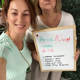 KLUB ZDROWEGO STYLU ŻYCIA MAGDALENA LESZCZYŃSKA - Uśmiechnięta kobieta w miętowej sukience obok klientki prezentującej tablicę z wynikami: 'Ania 10 wizyt', '-13,5cm', '-2,9 kg' i listą pozytywnych zmian.