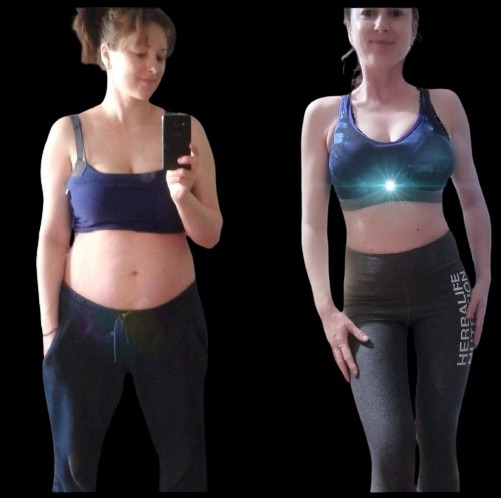Kobieta na zdjęciu typu przed i po, prezentująca efekty zmiany sylwetki, widoczna różnica w wyglądzie brzucha i ogólnej budowie ciała, po prawej stronie legginsy z logo firmy.