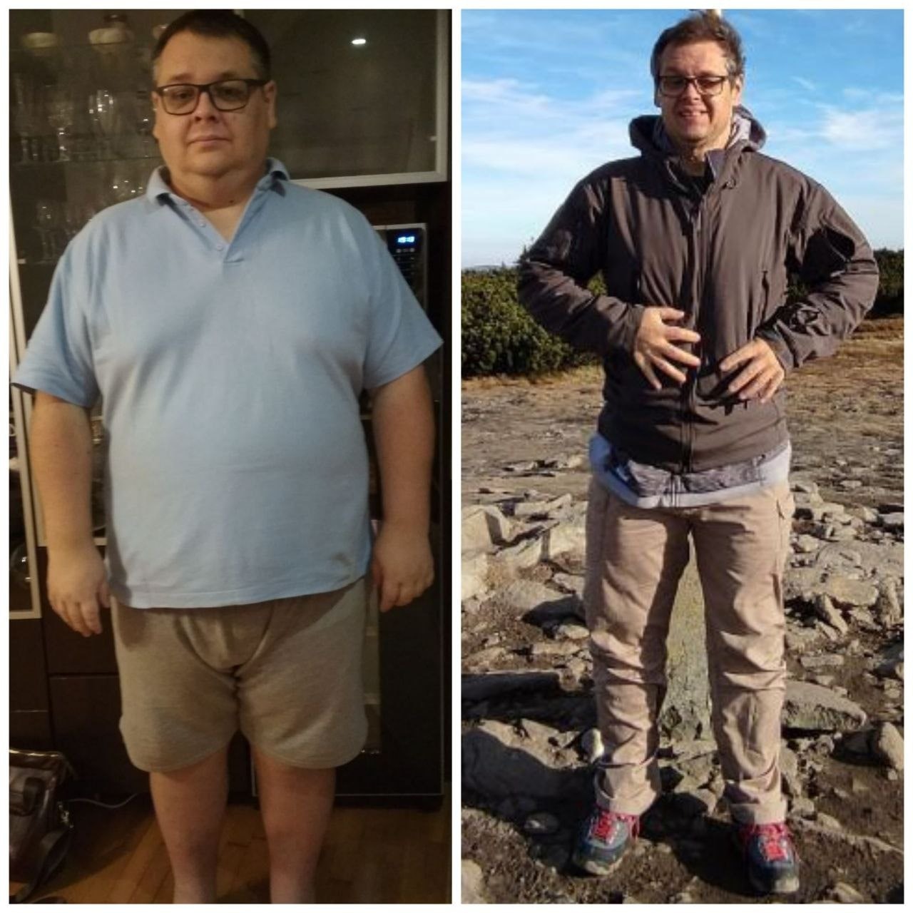 Mężczyzna przed i po zmianie wagi, na lewo w niebieskiej koszulce i szortach w domu, na prawo w kurtce i spodniach trekkingowych w górach.