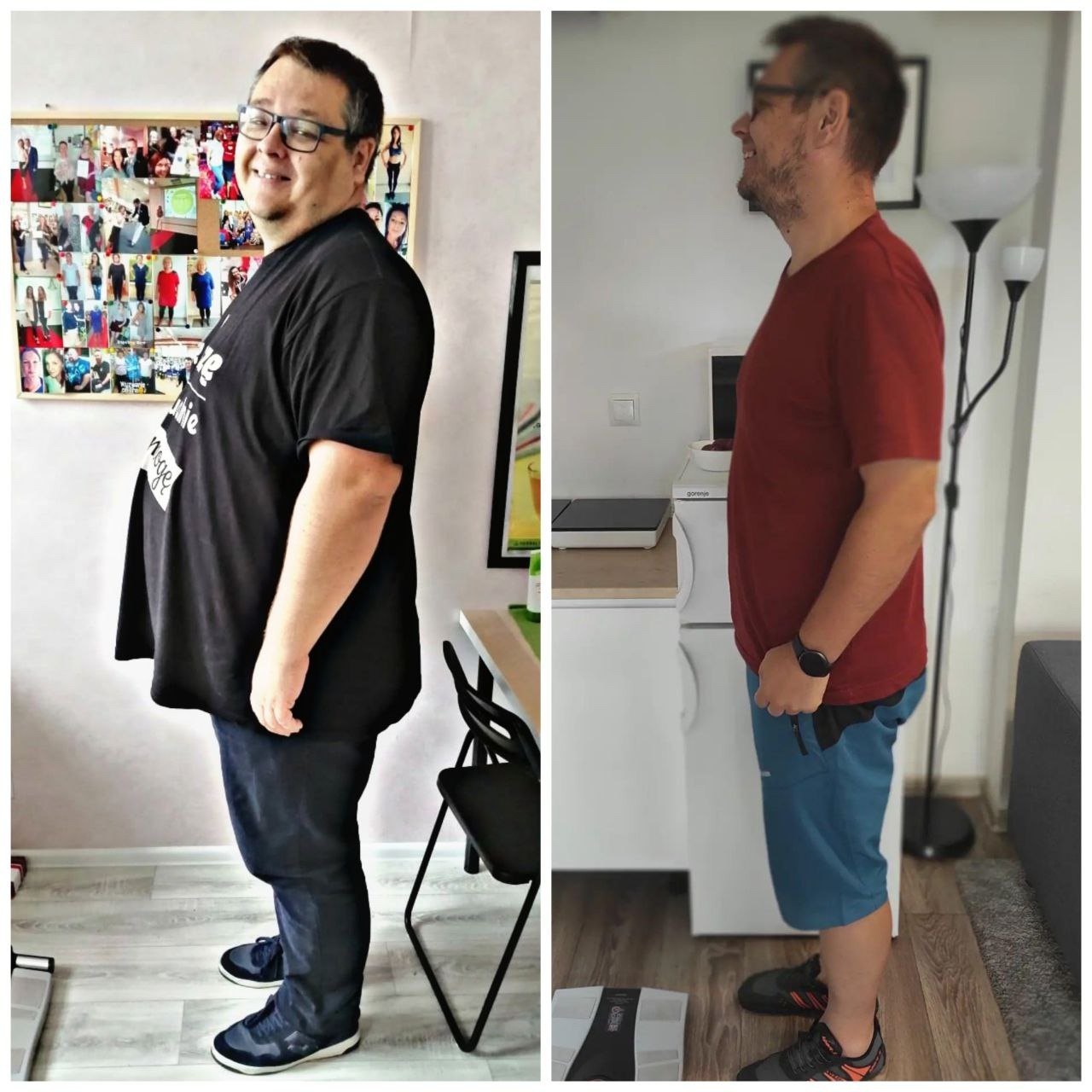 Mężczyzna przed i po utracie wagi, widoczne zmiany w sylwetce, ujęcie z profilu na tle domowego wnętrza z wagą.