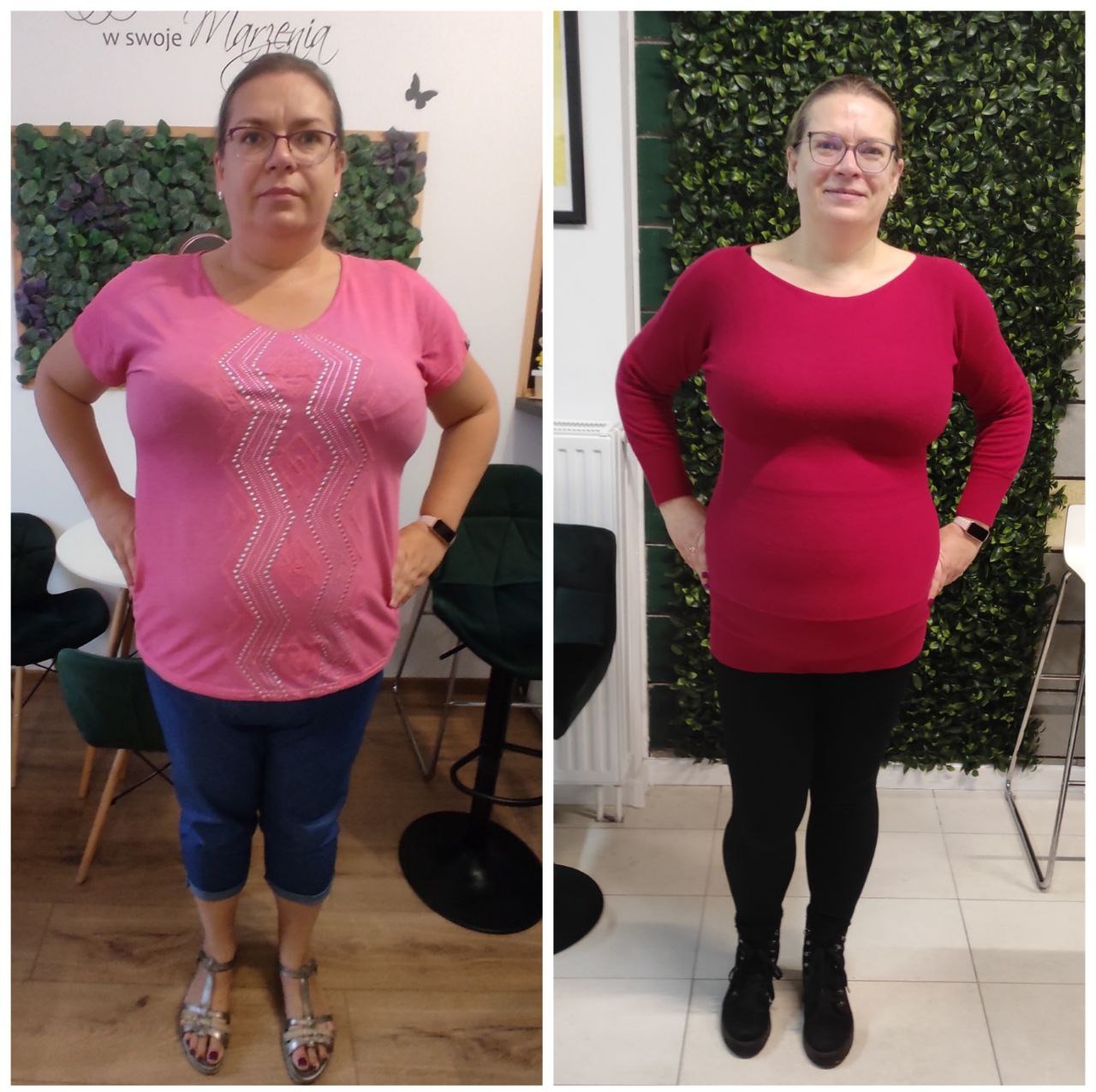 Kobieta prezentuje swoją przemianę sylwetki: zdjęcie po lewej stronie w różowej koszulce i dżinsach przed kuracją dietetyczną, po prawej w czerwonej bluzce i legginsach po kuracji, na tle dekoracji...