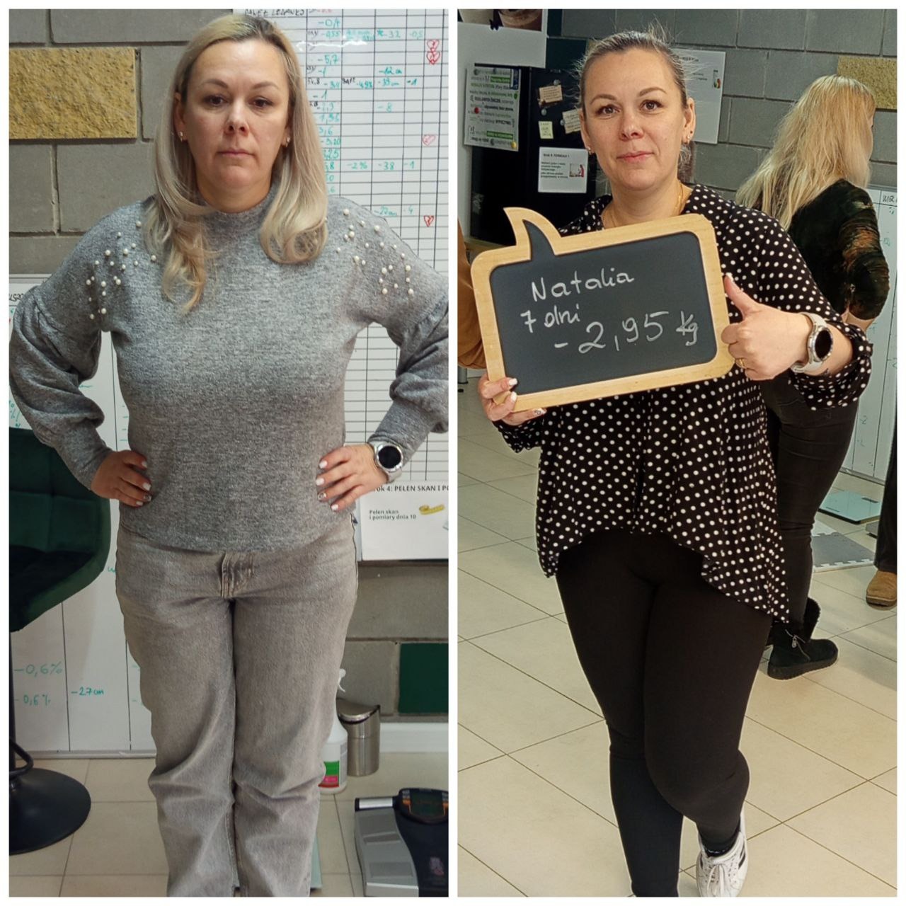 Kobieta prezentuje efekt odchudzania: zdjęcie przed i po, z tabliczką informującą o utracie 2,95 kg w ciągu 7 dni. Uśmiechnięta kobieta na drugim zdjęciu pokazuje kciuk w górę.