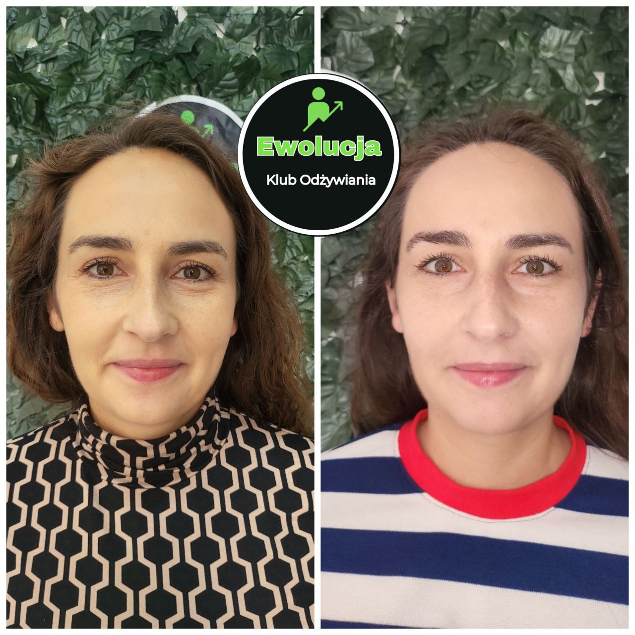 Efekt metamorfozy kobiety z Warszawy: zdjęcie 'przed' w geometrycznej bluzce i 'po' w paski, z logo 'Ewolucja Klub Odżywiania' w tle.