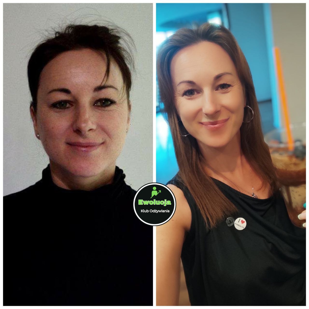 Portret kobiety przed i po, prezentujący efekt wizualny zmiany w wyglądzie, z logo klubu odżywiania w centrum kadru. Uśmiech i poprawa kondycji skóry.