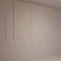 Remonty I wykonczenia wnetrz - Pomalowane na biało ściany z dekoracyjnymi listwami w pustym pokoju, widoczny fragment sufitu z oświetleniem punktowym.