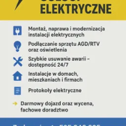 Żółto-biało-niebieski baner reklamowy usług elektrycznych: montaż, naprawa, usuwanie awarii 24/7, protokoły, darmowy dojazd i wycena. Kontakt telefoniczny.