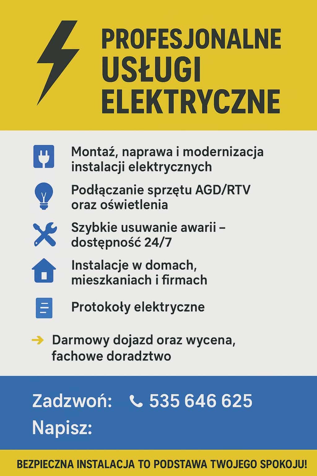 Żółto-biało-niebieski baner reklamowy usług elektrycznych: montaż, naprawa, usuwanie awarii 24/7, protokoły, darmowy dojazd i wycena. Kontakt telefoniczny.
