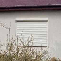 Spajder usługi montazowe - Zamknięta, kremowa roleta zewnętrzna na oknie domu jednorodzinnego, widoczna zza krzewów z młodymi pąkami.
