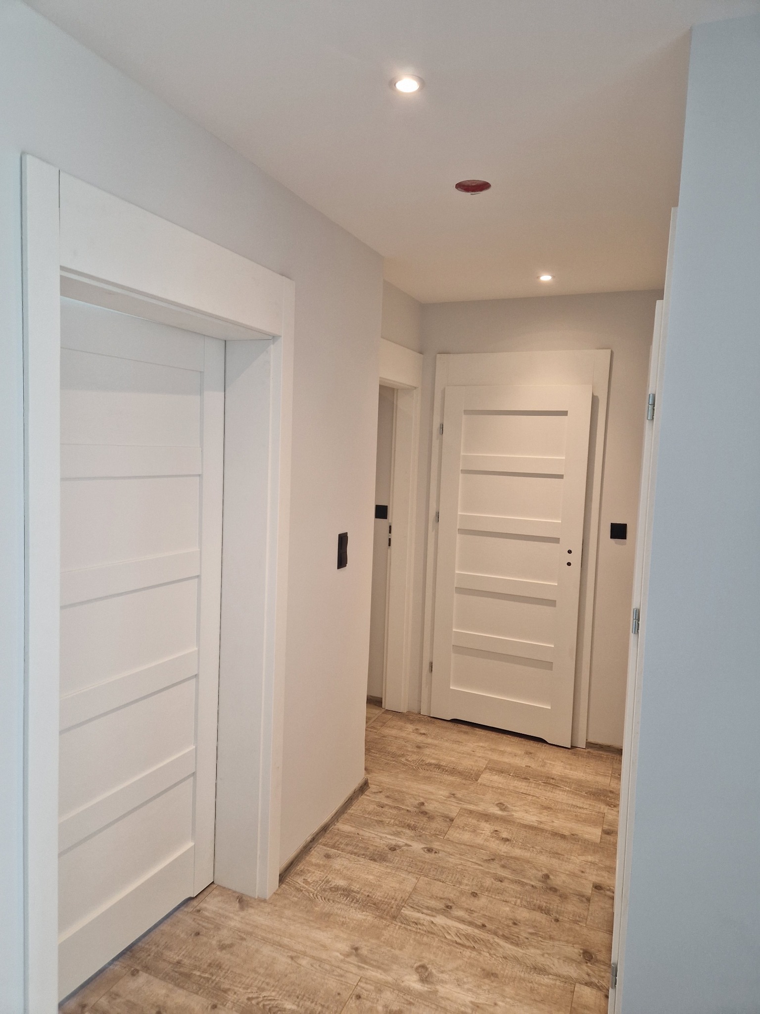 Korytarz z trzema białymi drzwiami wewnętrznymi o panelowej konstrukcji i drewnopodobną podłogą, oświetlony sufitowymi lampami punktowymi.