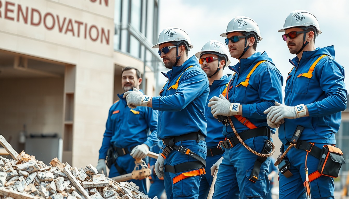 Zespół robotników w niebieskich kombinezonach i kaskach, z gruzem w tle i napisem RENOVATION na budynku, sugerujący prace remontowe.