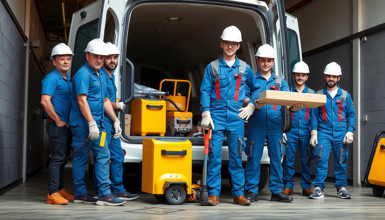 Brygada remontowa w niebieskich kombinezonach i białych kaskach, z narzędziami i skrzynkami, stojąca przed otwartym busem.