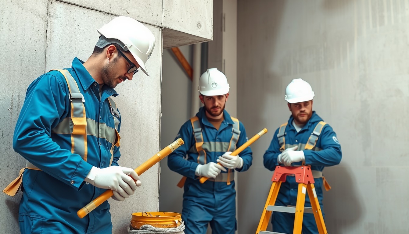 Trzech pracowników budowlanych w niebieskich kombinezonach i białych kaskach, jeden z nich z okularami, trzymających żółte rury na tle surowych ścian w trakcie prac wykończeniowych.