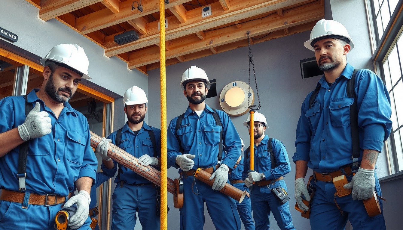 Grupa pięciu robotników w niebieskich uniformach i białych kaskach, stojących w pomieszczeniu z drewnianym stropem, trzymających narzędzia i materiały budowlane.