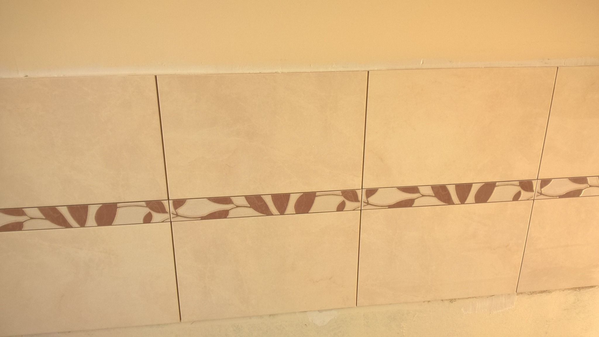 Beżowe płytki ceramiczne ułożone na ścianie z dekoracyjnym pasem z motywem liści, widoczne fugi i fragment ściany nad i pod płytkami.