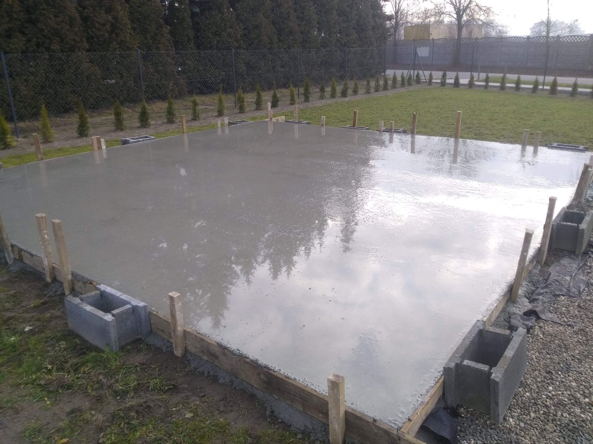Świeżo wylana, gładka płyta betonowa na zewnątrz, z drewnianym szalunkiem i betonowymi bloczkami po bokach, odblaski drzew na powierzchni, w tle trawnik i żywopłot.