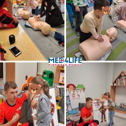 Med4Life Jakub Olbrich - Pierwsza Pomoc - Grupa dzieci uczestniczy w zajęciach z pierwszej pomocy, ćwicząc resuscytację na manekinach pod nadzorem instruktora w stroju ratownika medycznego, który demonstruje użycie stetoskopu na planszy...