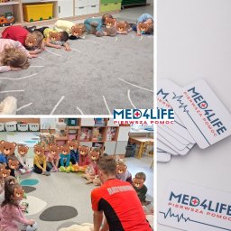 Med4Life Jakub Olbrich - Pierwsza Pomoc - Dzieci w przedszkolu podczas zajęć z pierwszej pomocy, część z nich ćwiczy pozycję bezpieczną na dywanie, a ratownik demonstruje resuscytację krążeniowo-oddechową na pluszowym misiu; w tle widoczne...