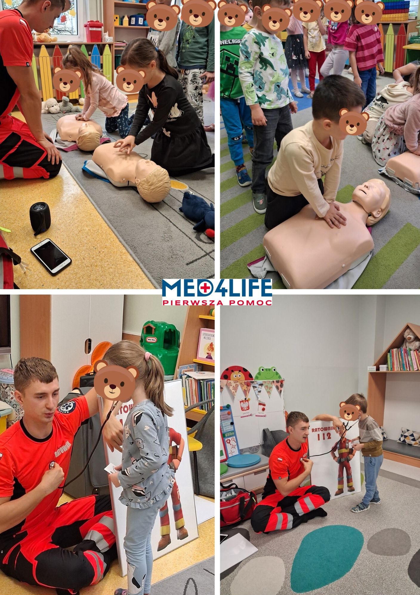 Grupa dzieci uczestniczy w zajęciach z pierwszej pomocy, ćwicząc resuscytację na manekinach pod nadzorem instruktora w stroju ratownika medycznego, który demonstruje użycie stetoskopu na planszy...