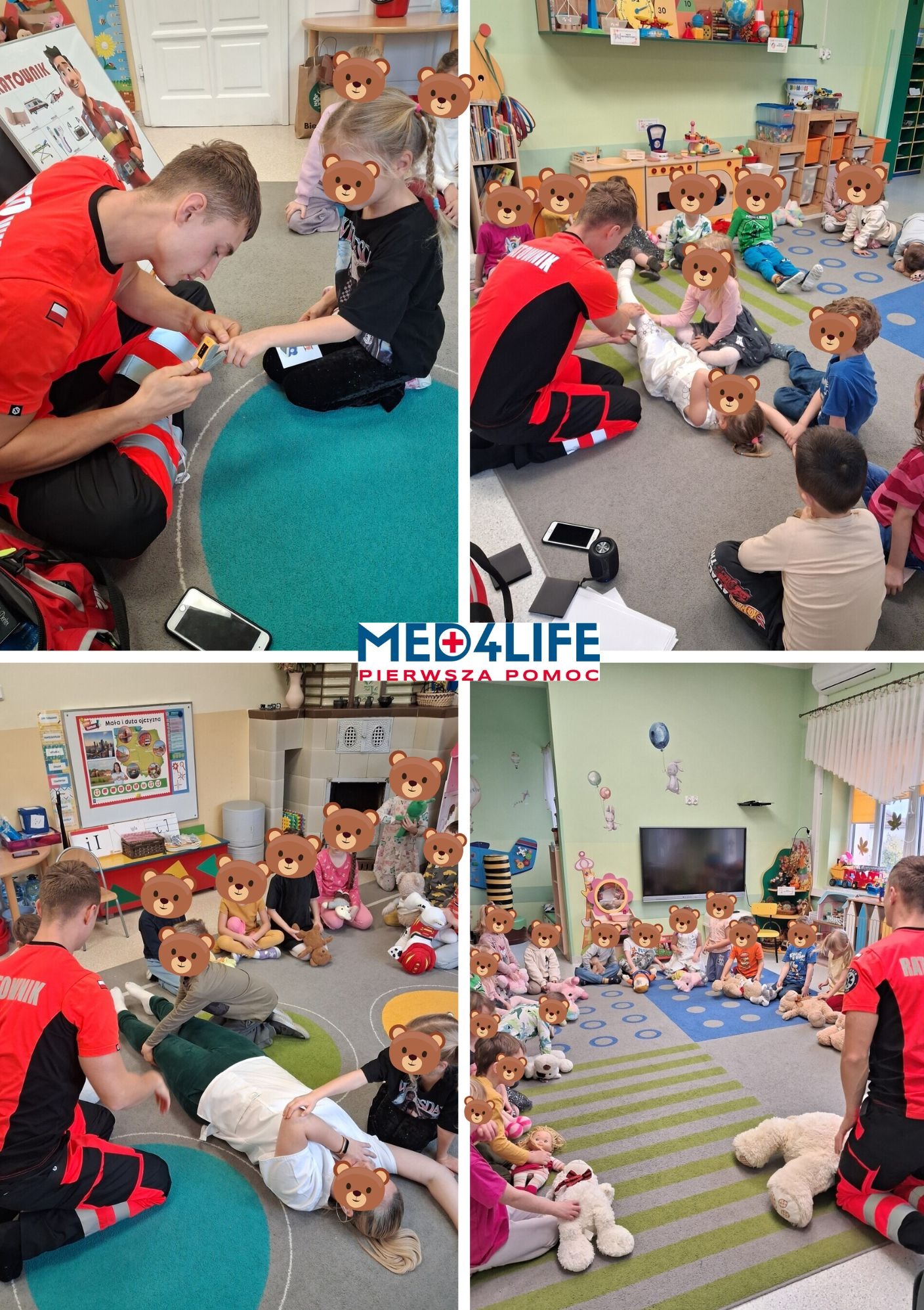 Instruktor w czerwonej koszulce ratownika medycznego demonstruje dzieciom w przedszkolu, jak używać pulsoksymetru na palcu dziewczynki, a także bandażuje nogę dziecka, podczas zajęć z pierwszej...