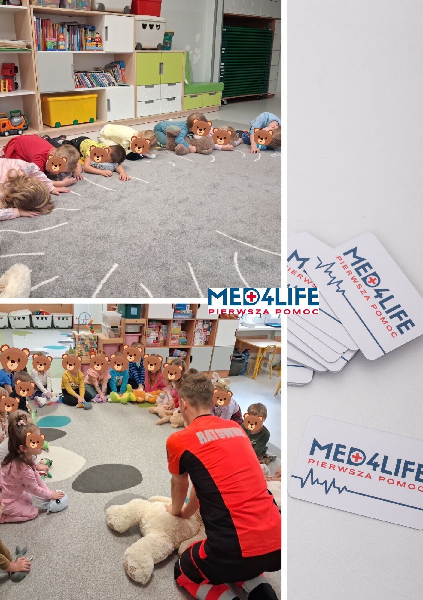 Dzieci w przedszkolu podczas zajęć z pierwszej pomocy, część z nich ćwiczy pozycję bezpieczną na dywanie, a ratownik demonstruje resuscytację krążeniowo-oddechową na pluszowym misiu; w tle widoczne...